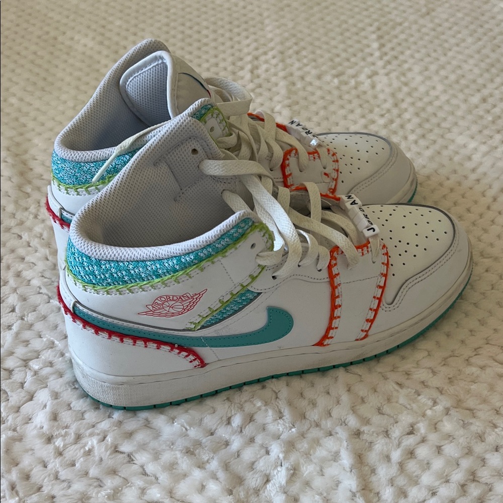Jordan Kids White and Teal Sneakers with Red Stitching